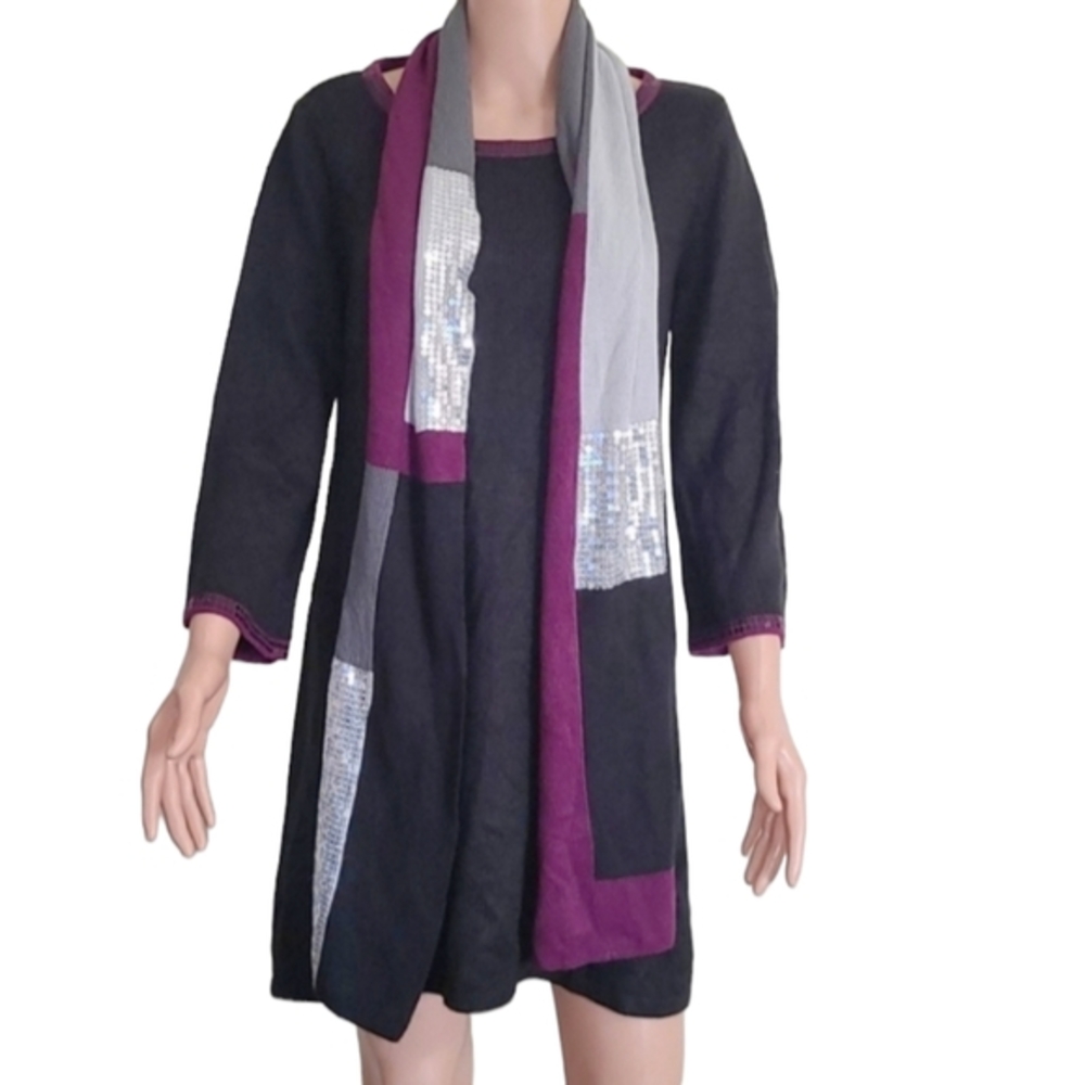 Style & Co Black Sequin Trim Embellished Knit Sweater Dress Scarf Set Sz Medium